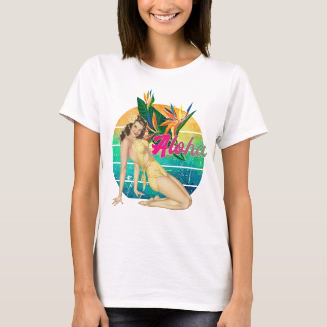 Camiseta Aloha Tropical Pin-up Girl retro sunset art (Frente)
