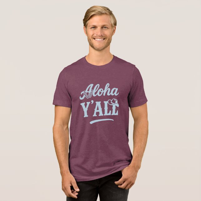 Camiseta Aloha Y'all Hawaii Texas Funny Saying Blue Text (Frente Completa)