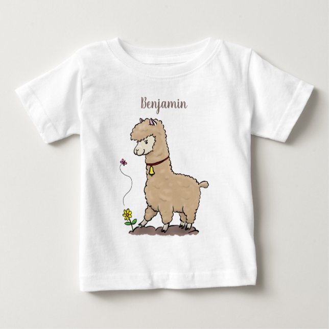 Camiseta Alpaca feliz e giro com cartoon de borboleta (Frente)