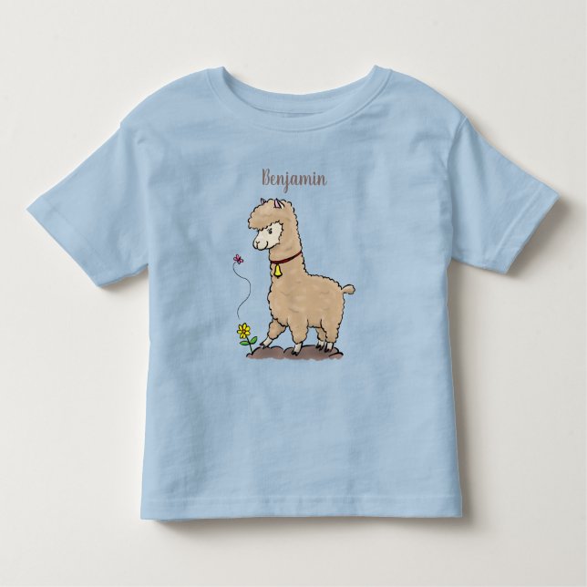 Camiseta Alpaca feliz e giro com cartoon de borboleta (Frente)