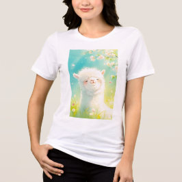 Camiseta Alpaca se aquecendo ao sol entre flora em flor