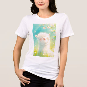 Camiseta Alpaca se aquecendo ao sol entre flora em flor