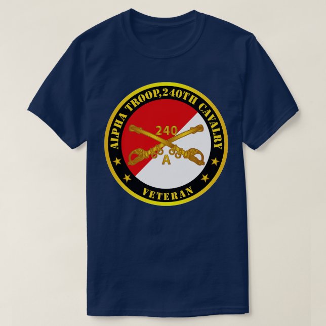 Camiseta Alpha Troop 240th Cavalry Branch Veteran Red White (Frente do Design)