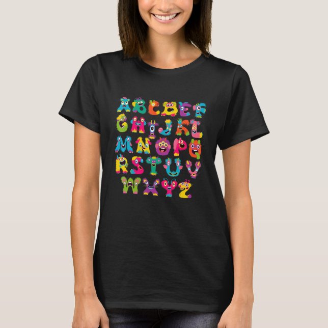 Camiseta Alphabet Halloween Professora Crianças Monstro Cus (Frente)