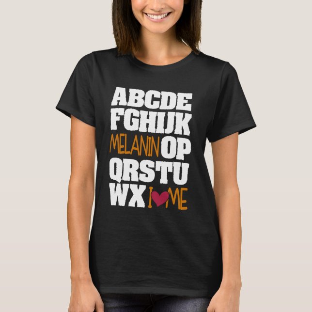 Camiseta Alphabet Melanin Black Pride Afro-Americano (Frente)