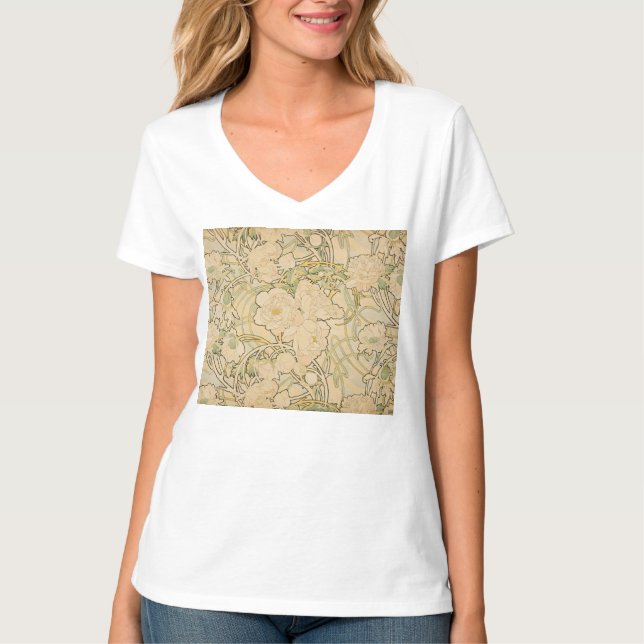Camiseta Alphonse Mucha Peonies Peony Rosa Fawn 1897 (Frente)