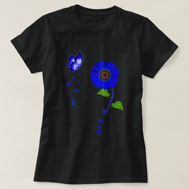 Camiseta ALS Awareness Blue Butterfly Sunflower Ribbon  (Frente do Design)