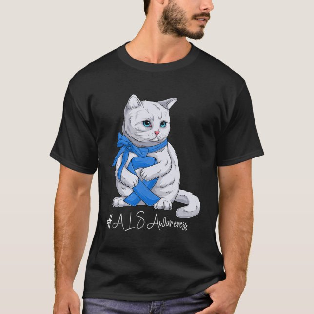 Camiseta ALS Awareness Month Blue Ribbon Cat (Frente)