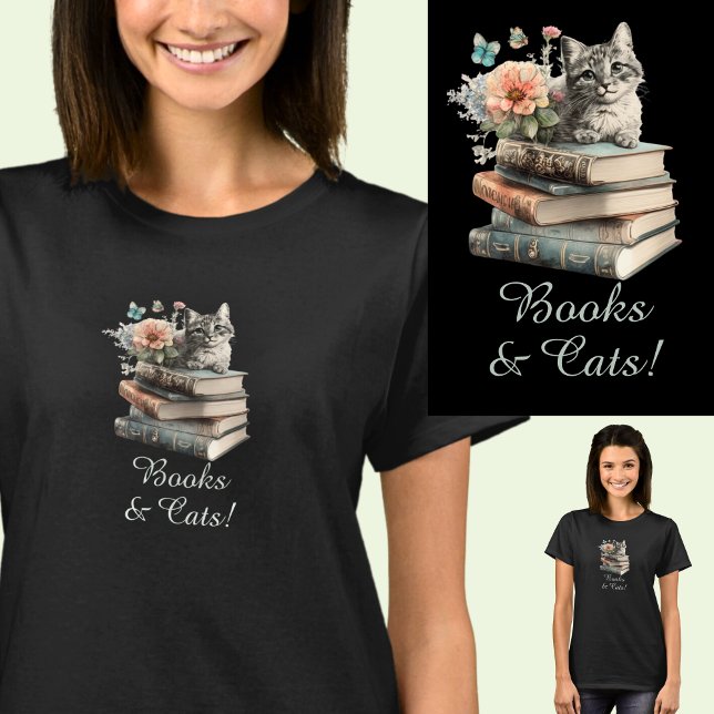 Camiseta Alterar Texto, Livros e Gatos, com Flores, a Preto (Criador carregado)