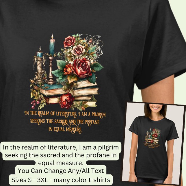 Camiseta Alterar Texto, Livros Góticos e Velas, Citação, Pr (Criador carregado)
