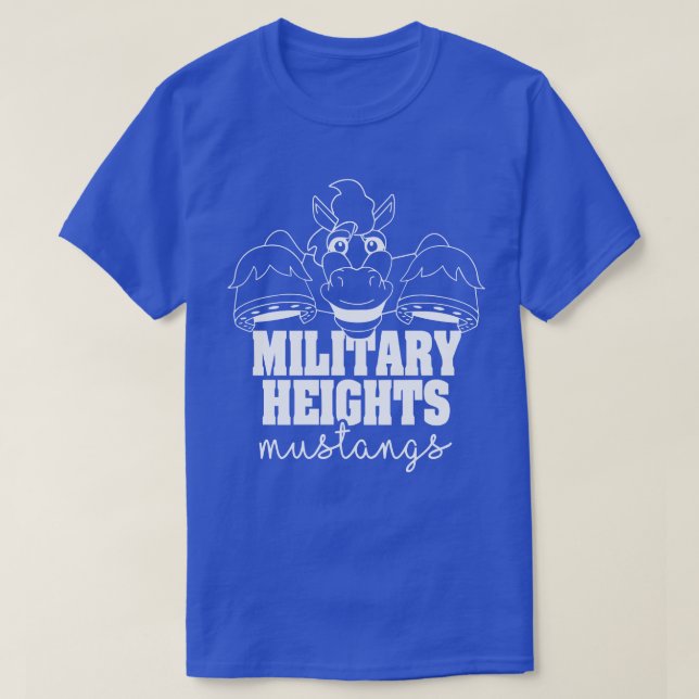 Camiseta Alturas Militares Mustangs brancos em azul (Frente do Design)