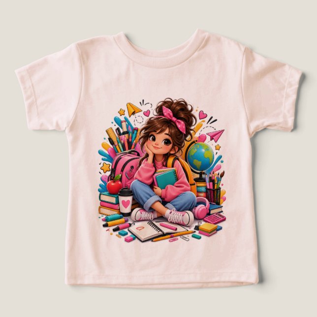 Camiseta Aluna Kawaii Fofa com Material Escolar  (Design frontal)
