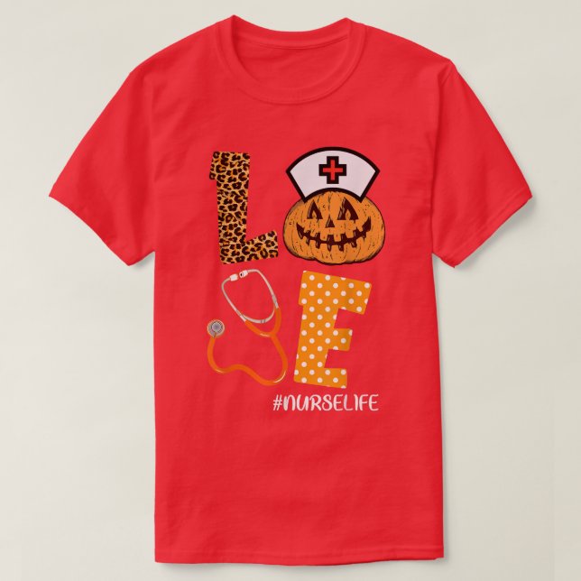 Camiseta Ama Enfermeira Pumpkin Leopard Fall Halloween Than (Frente do Design)