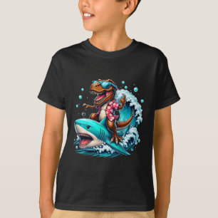 Camiseta Amante da Praia T-rex Dinossauro Montando Tubarão