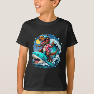 Camiseta Amante da Praia T-rex Dinossauro Montando Tubarão