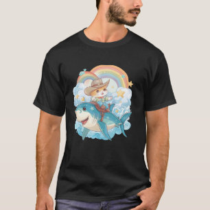 Camiseta Amante de Gatinho de Passeio de Tubarão Arco-íris