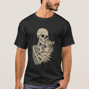 Camiseta Amante de Gato Gótico - Esqueleto Abraçando Gato T