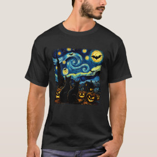 Camiseta Amante de Gato Preto Noite Estrelada Halloween Ass