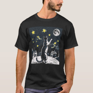 Camiseta Amante de Gatos Alcançando as Estrelas Lua Céu Gat