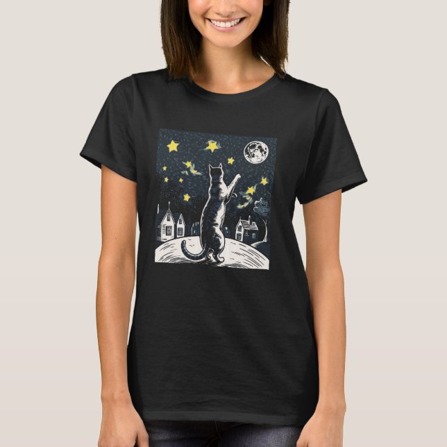 Camiseta Amante de Gatos Alcançando Estrelas Lua Céu Gatinh (Frente)
