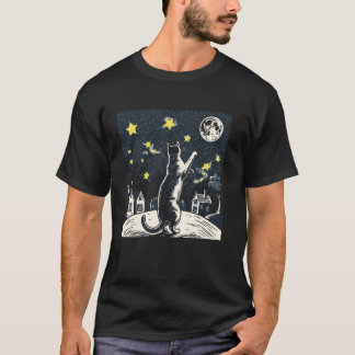 Camiseta Amante de Gatos Alcançando Estrelas Lua Céu Gatinh