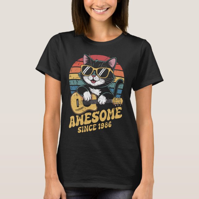 Camiseta Amante de Gatos Aniversário de 1986 Retro Ukulele  (Frente)