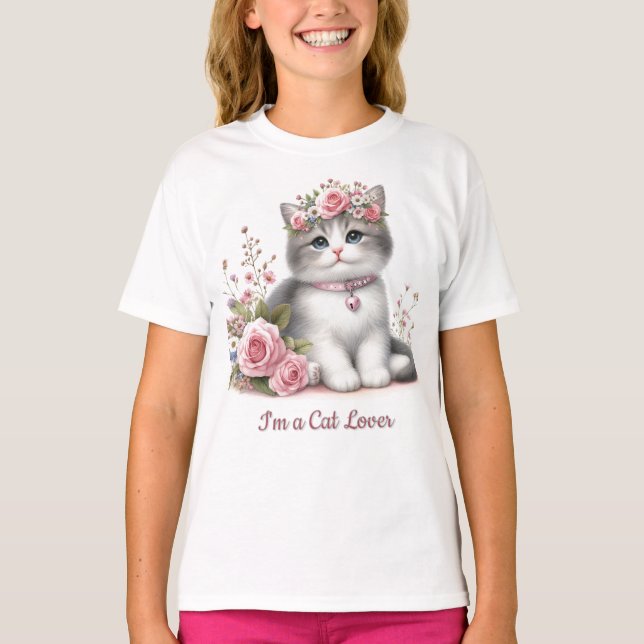 Camiseta Amante de Gatos Gatito Cinza Rosas Rosa  (Frente)
