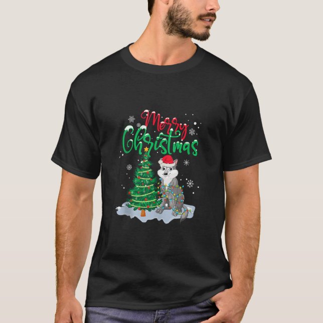 Camiseta Amante de os animais Lobo Engraçado Xmas Lighting  (Frente)