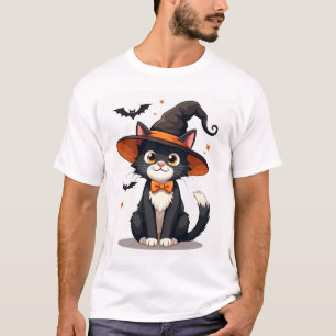 Camiseta Amantes de Gatos Bruxas Chapéu em Gato Tuxedo Dia