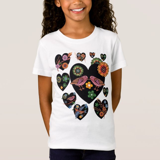 Camiseta Amar Pássaros Arte Folclórica Escandinava (Frente)