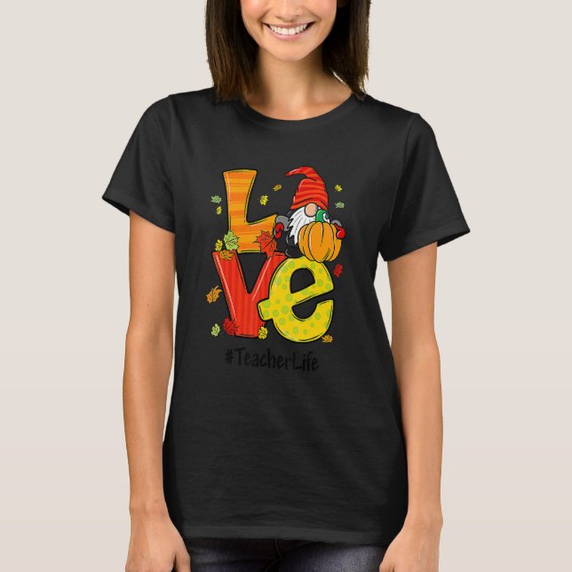 Camiseta Amar Professora Vida Gnomo Pumpkin outono Obrigado (Frente)
