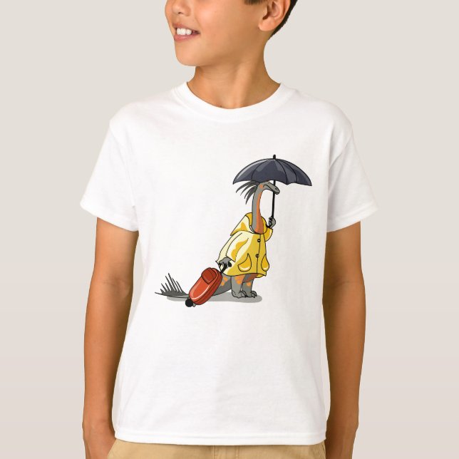 Camiseta Amargasaurus Segurando O Guarda-Chuva E A Mala. (Frente)