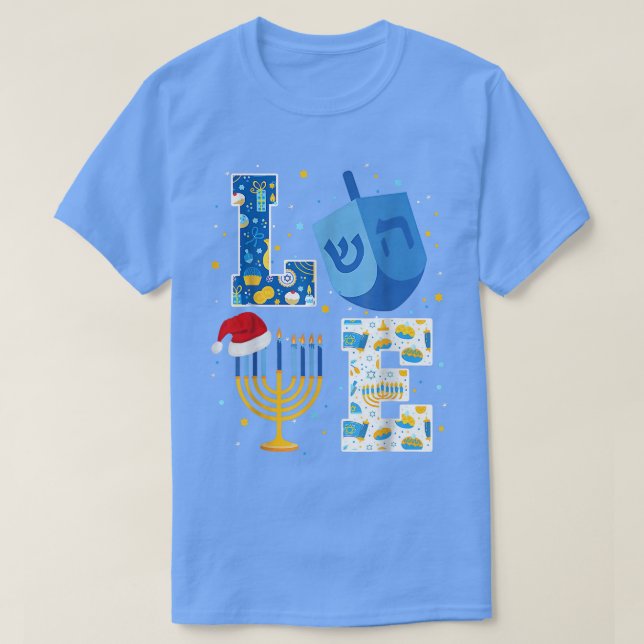 Camiseta Ame as Decorações de Hanukkah Dreidel Menorah Chan (Frente do Design)
