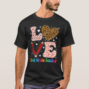 Camiseta Ame Heart First Grade Professora Leopard Xadrez Va