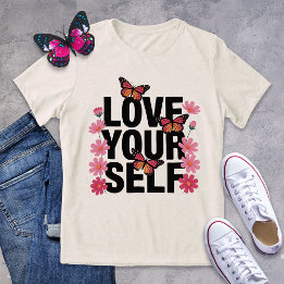 Camiseta Ame-se Borboleta e Flor Gráfico