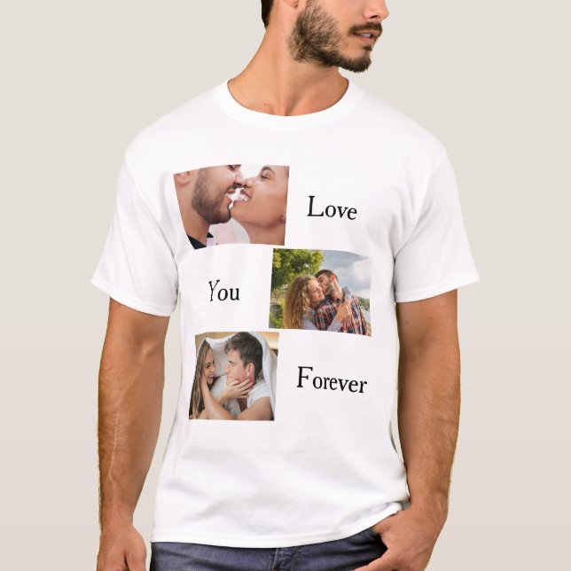 Camiseta Ame você para Casais personalizados de 3 fotos e n (Frente)