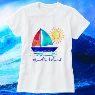 Camiseta Amelia Island Férias Watercolor Sailboat
