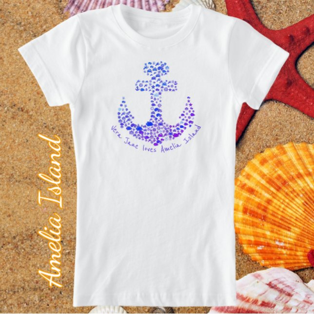 Camiseta Amelia Island FL Sea Creatures Anchor e Nome (Criador carregado)