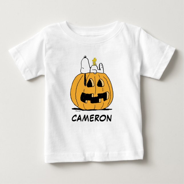 Camiseta Amendoins | Esnoopia e Woodstock Jack-O-Lanterna (Frente)