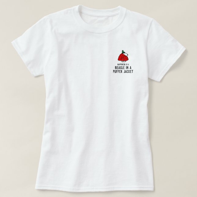 Camiseta Amendoins | Jaqueta Snoopy Red Puffer (Frente do Design)