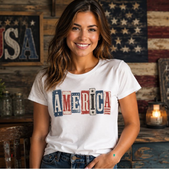 Camiseta América Bloco de Madeira Rústico Vintage Patriótic (Criador carregado)