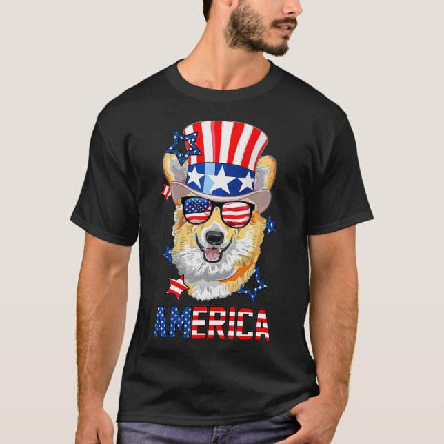 Camiseta America Corgi Dog 4 de julho USA Flag Independent (Frente)