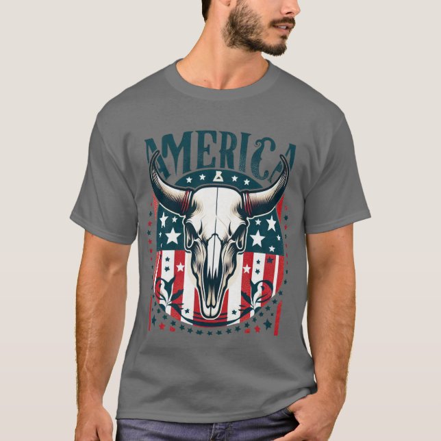Camiseta América Cow Skull 4° de julho Flag (Frente)