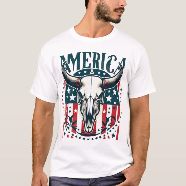 Camiseta América Cow Skull 4° de julho Flag (Frente)