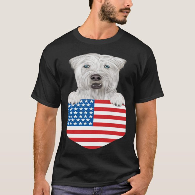 Camiseta América Flag Soft Coated Wheaten Terrier Dog Em Po (Frente)