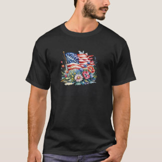 Camiseta América Floral 4 de julho EUA Bandeira Patriótica 