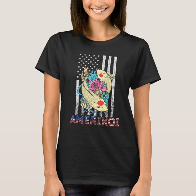 Camiseta América Koi Fish Lotus 4 De Julho Patriótico Ameri (Frente)