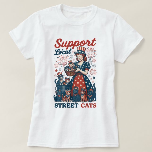 Camiseta América Suporta Gatos Locais De Rua 4 De Julho (Frente do Design)