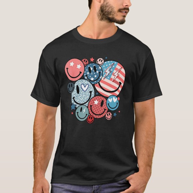 Camiseta America Vibes Happy Face Smile Flower American 4th (Frente)