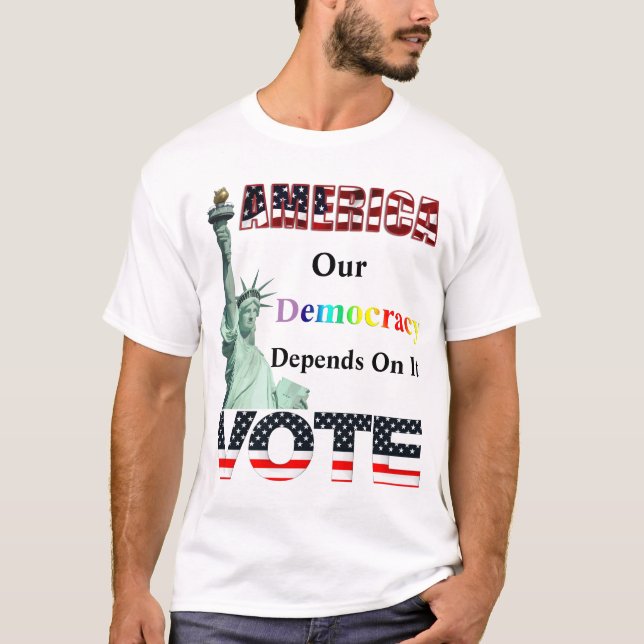 Camiseta AMÉRICA VOTA Nossa Democracia Depende Disso (Frente)